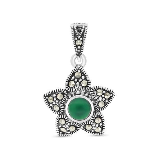 [PND04MAR00GAGA438] Sterling Silver 925 Pendant Embedded With Natural Green Agate And Marcasite Stones