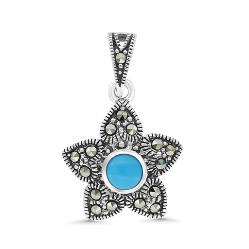[PND04MAR00TRQA438] Sterling Silver 925 Pendant Embedded With Natural Processed Turquoise And Marcasite Stones