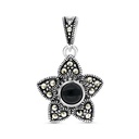 Sterling Silver 925 Pendant Embedded With Natural Black Agate And Marcasite Stones