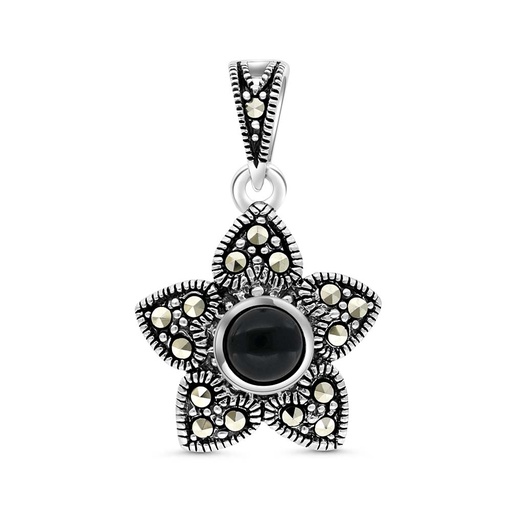 [PND04MAR00ONXA438] Sterling Silver 925 Pendant Embedded With Natural Black Agate And Marcasite Stones
