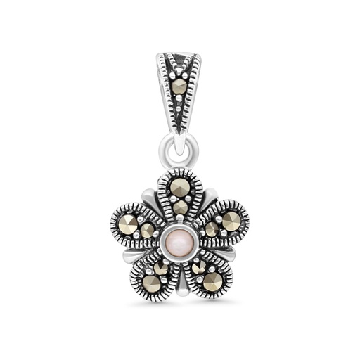 [PND04MAR00PNKA571] Sterling Silver 925 Pendant Embedded With Natural Pink Shell And Marcasite Stones