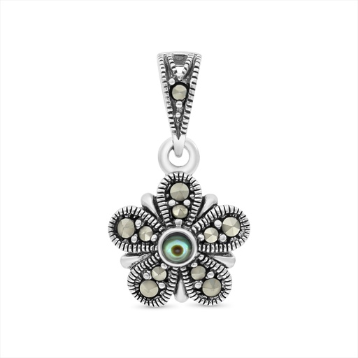 [PND04MAR00ABAA571] Sterling Silver 925 Pendant Embedded With Natural Blue Shell And Marcasite Stones