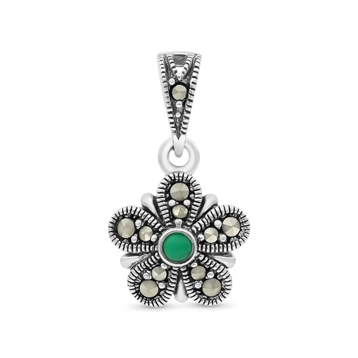 [PND04MAR00GAGA571] Sterling Silver 925 Pendant Embedded With Natural Green Agate And Marcasite Stones