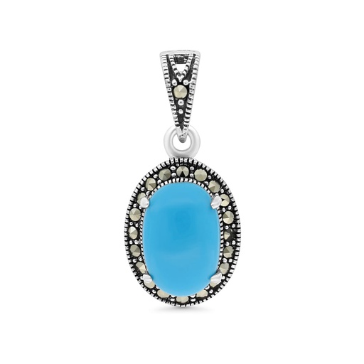 [PND04MAR00TRQA441] Sterling Silver 925 Pendant Embedded With Natural Processed Turquoise And Marcasite Stones