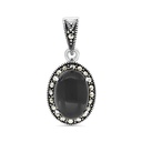 Sterling Silver 925 Pendant Embedded With Natural Black Agate And Marcasite Stones