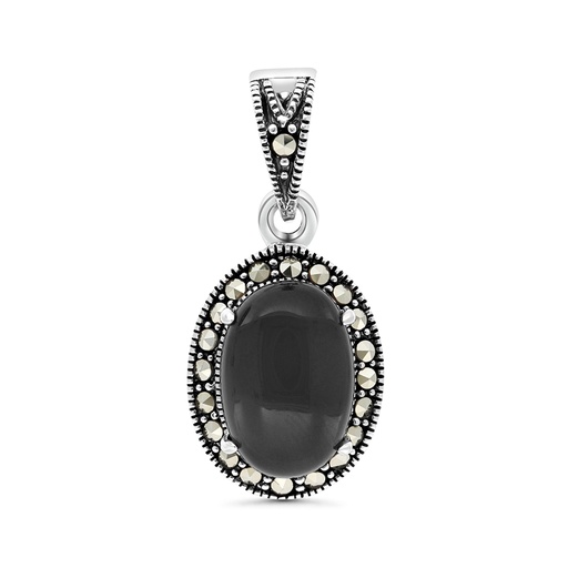 [PND04MAR00ONXA441] Sterling Silver 925 Pendant Embedded With Natural Black Agate And Marcasite Stones
