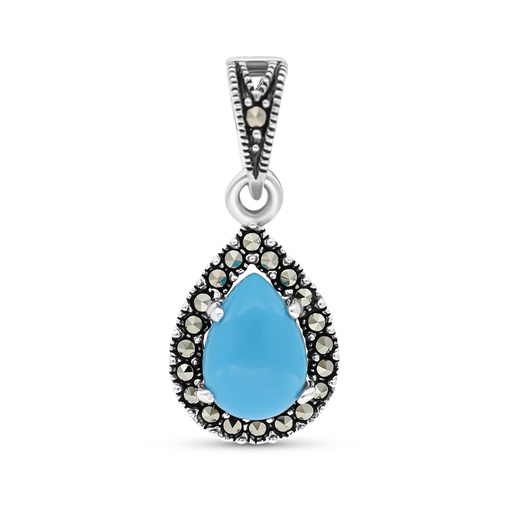 [PND04MAR00TRQA440] Sterling Silver 925 Pendant Embedded With Natural Processed Turquoise And Marcasite Stones
