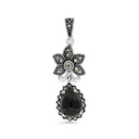 Sterling Silver 925 Pendant Embedded With Natural Black Agate And Marcasite Stones