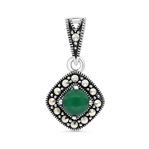 [PND04MAR00GAGA443] Sterling Silver 925 Pendant Embedded With Natural Green Agate And Marcasite Stones