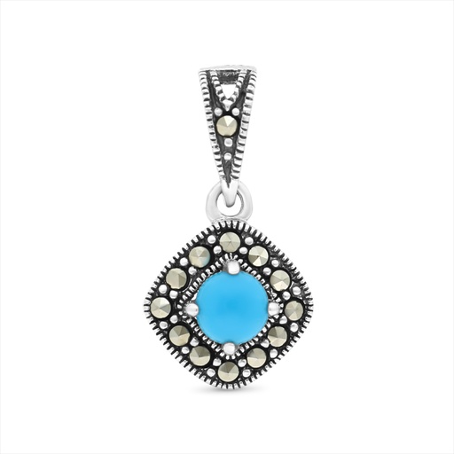 [PND04MAR00TRQA443] Sterling Silver 925 Pendant Embedded With Natural Processed Turquoise And Marcasite Stones