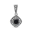 Sterling Silver 925 Pendant Embedded With Natural Black Agate And Marcasite Stones