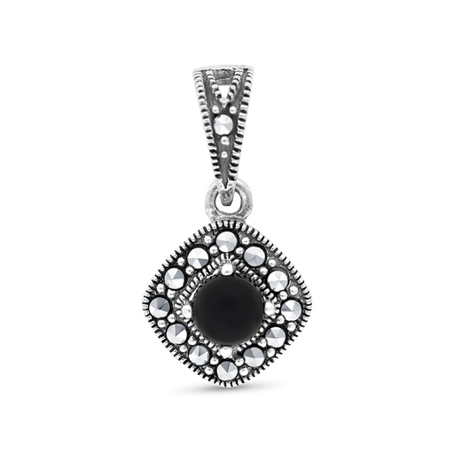 [PND04MAR00ONXA443] Sterling Silver 925 Pendant Embedded With Natural Black Agate And Marcasite Stones