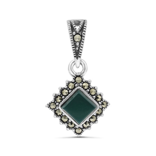 [PND04MAR00GAGA449] Sterling Silver 925 Pendant Embedded With Natural Green Agate And Marcasite Stones
