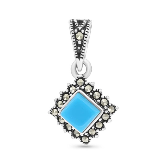 [PND04MAR00TRQA449] Sterling Silver 925 Pendant Embedded With Natural Processed Turquoise And Marcasite Stones