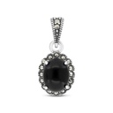 Sterling Silver 925 Pendant Embedded With Natural Black Agate And Marcasite Stones