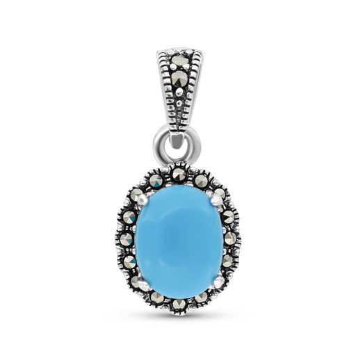 [PND04MAR00TRQA572] Sterling Silver 925 Pendant Embedded With Natural Processed Turquoise And Marcasite Stones