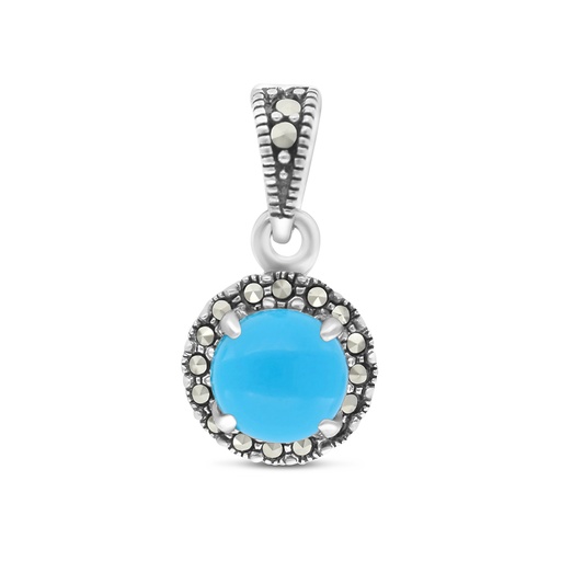 [PND04MAR00TRQA573] Sterling Silver 925 Pendant Embedded With Natural Processed Turquoise And Marcasite Stones