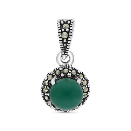 [PND04MAR00GAGA573] Sterling Silver 925 Pendant Embedded With Natural Green Agate And Marcasite Stones