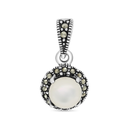[PND04MAR00MOPA573] Sterling Silver 925 Pendant Embedded With Natural White Shell And Marcasite Stones