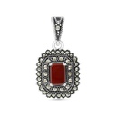 Sterling Silver 925 Pendant Embedded With Natural Aqiq And Marcasite Stones