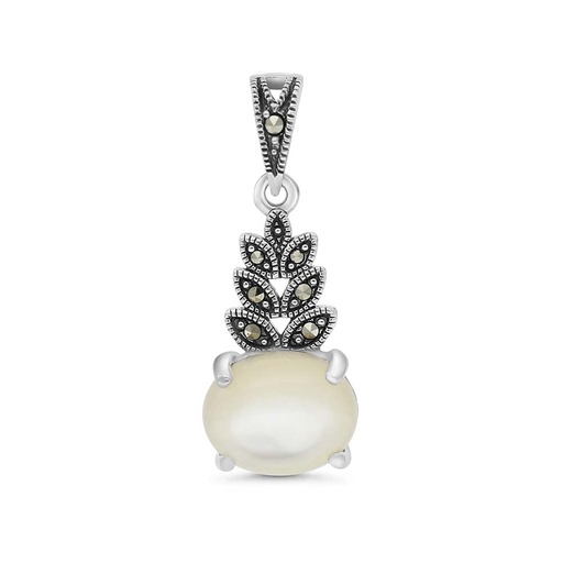 [PND04MAR00MOPA453] Sterling Silver 925 Pendant Embedded With Natural White Shell And Marcasite Stones