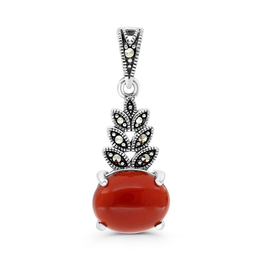 [PND04MAR00RAGA453] Sterling Silver 925 Pendant Embedded With Natural Aqiq And Marcasite Stones