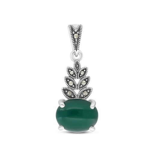 [PND04MAR00GAGA453] Sterling Silver 925 Pendant Embedded With Natural Green Agate And Marcasite Stones