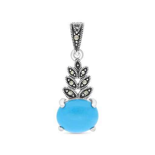 [PND04MAR00TRQA453] Sterling Silver 925 Pendant Embedded With Natural Processed Turquoise And Marcasite Stones