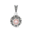 Sterling Silver 925 Pendant Embedded With Natural Pink Shell And Marcasite Stones