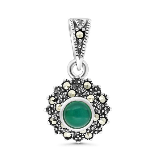 [PND04MAR00GAGA454] Sterling Silver 925 Pendant Embedded With Natural Green Agate And Marcasite Stones