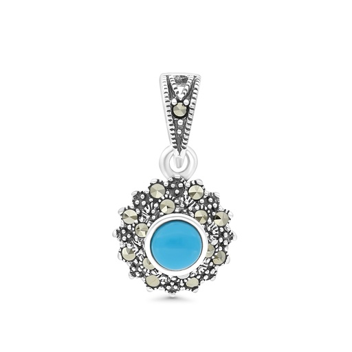 [PND04MAR00TRQA454] Sterling Silver 925 Pendant Embedded With Natural Processed Turquoise And Marcasite Stones