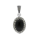 Sterling Silver 925 Pendant Embedded With Natural Black Agate And Marcasite Stones