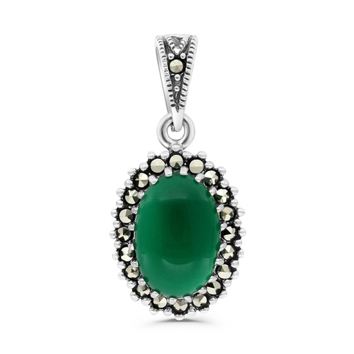 [PND04MAR00GAGA576] Sterling Silver 925 Pendant Embedded With Natural Green Agate And Marcasite Stones