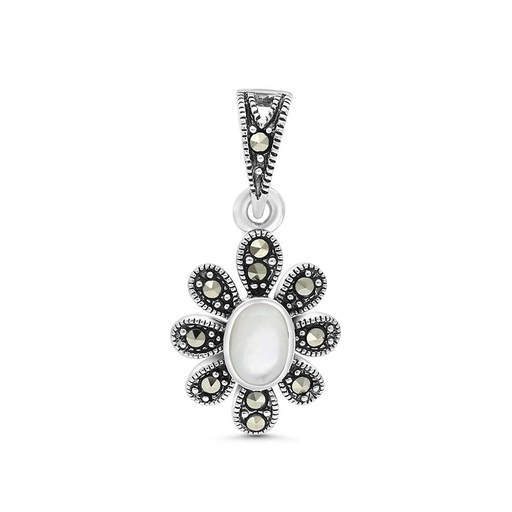 [PND04MAR00MOPA459] Sterling Silver 925 Pendant Embedded With Natural White Shell And Marcasite Stones