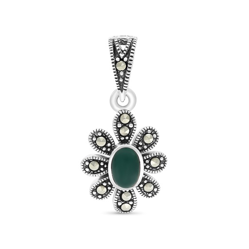 [PND04MAR00GAGA459] Sterling Silver 925 Pendant Embedded With Natural Green Agate And Marcasite Stones