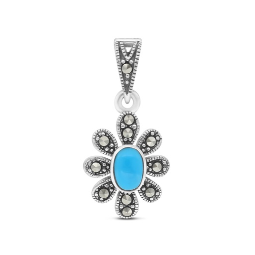 [PND04MAR00TRQA459] Sterling Silver 925 Pendant Embedded With Natural Processed Turquoise And Marcasite Stones