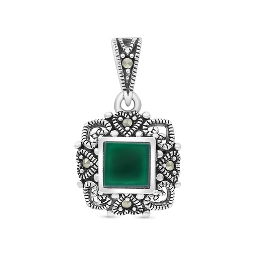 [PND04MAR00GAGA461] Sterling Silver 925 Pendant Embedded With Natural Green Agate And Marcasite Stones