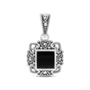 Sterling Silver 925 Pendant Embedded With Natural Black Agate And Marcasite Stones