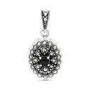 Sterling Silver 925 Pendant Embedded With Natural Black Agate And Marcasite Stones