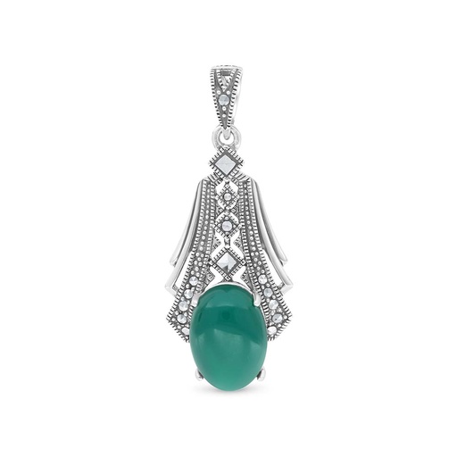 [PND04MAR00GAGA480] Sterling Silver 925 Pendant Embedded With Natural Green Agate And Marcasite Stones