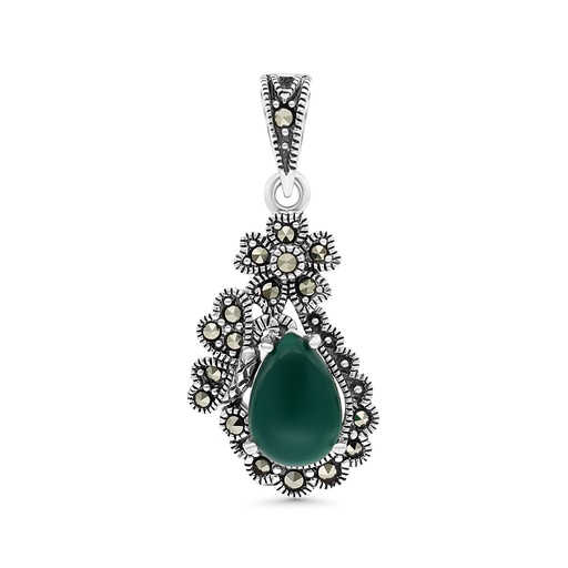 [PND04MAR00GAGA469] Sterling Silver 925 Pendant Embedded With Natural Green Agate And Marcasite Stones