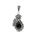 Sterling Silver 925 Pendant Embedded With Natural Black Agate And Marcasite Stones