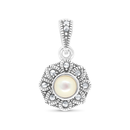 [PND04MAR00MOPA471] Sterling Silver 925 Pendant Embedded With Natural White Shell And Marcasite Stones