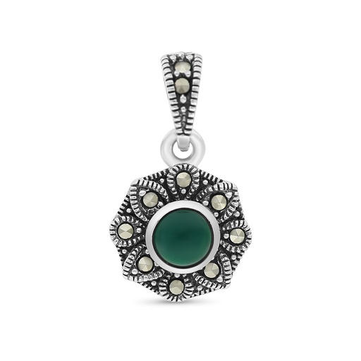 [PND04MAR00GAGA471] Sterling Silver 925 Pendant Embedded With Natural Green Agate And Marcasite Stones