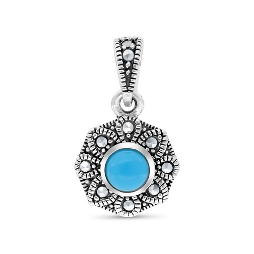 [PND04MAR00TRQA471] Sterling Silver 925 Pendant Embedded With Natural Processed Turquoise And Marcasite Stones