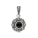 Sterling Silver 925 Pendant Embedded With Natural Black Agate And Marcasite Stones