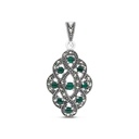 Sterling Silver 925 Pendant Embedded With Natural Green Agate And Marcasite Stones