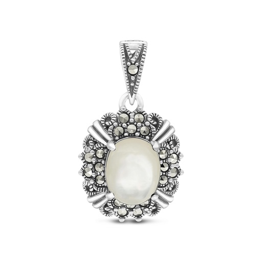 [PND04MAR00MOPA470] Sterling Silver 925 Pendant Embedded With Natural White Shell And Marcasite Stones