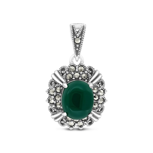 [PND04MAR00GAGA470] Sterling Silver 925 Pendant Embedded With Natural Green Agate And Marcasite Stones