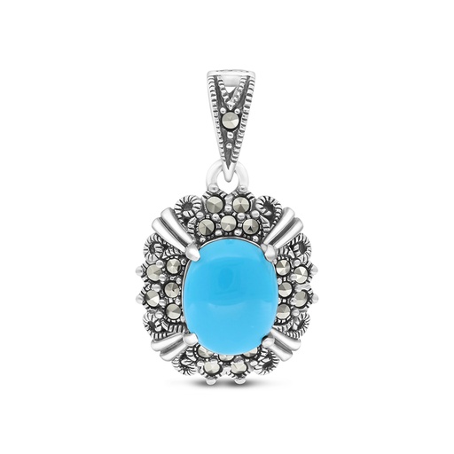 [PND04MAR00TRQA470] Sterling Silver 925 Pendant Embedded With Natural Processed Turquoise And Marcasite Stones